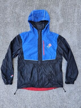 Dominos Pizza Jacket Black Blue Hooded Windbreaker Reflective Full Zip Mens M